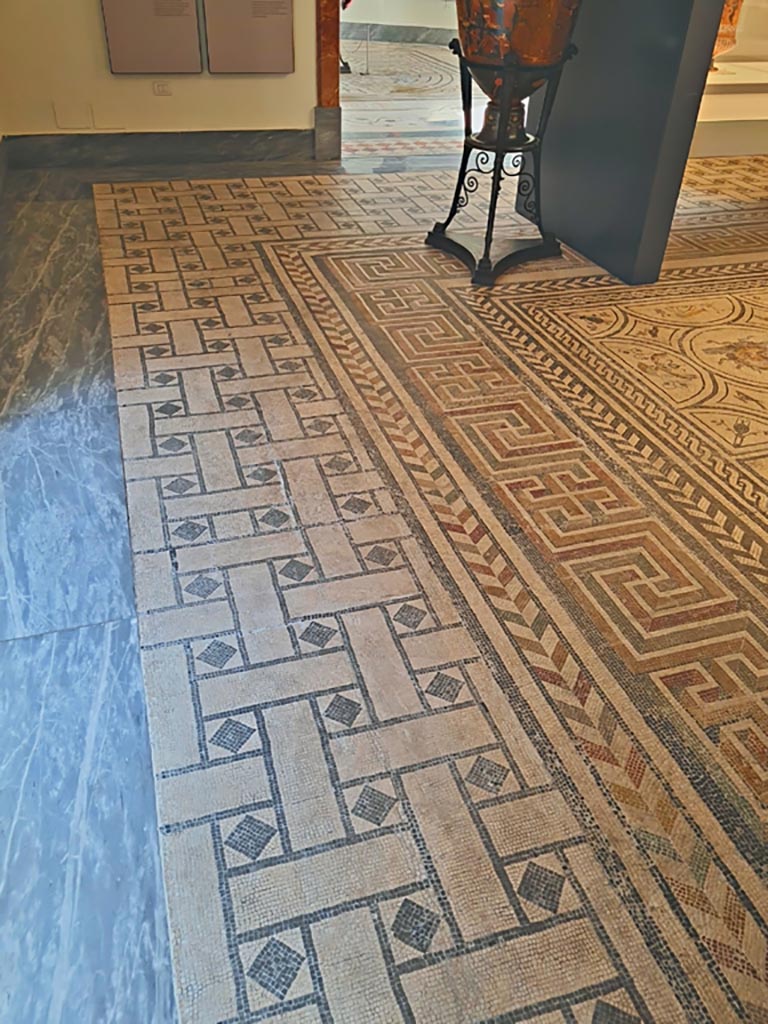 Mosaic (around the edge of the floor), from Villa Arianna, Stabia, room 27. June 2024. 
Now on display in Room CXXXVI (136) of the first floor of Naples Archaeological Museum. Photo courtesy of Giuseppe Ciaramella.
According to Naples Museum, this is described as a section of “mat” floor pertaining to Villa Arianna.
According to Gardelli and Ariano –
“Most of the mosaic floors from Pompeii, Herculaneum and Stabiae, after being detached and cut into large or smaller fragments, were arbitrarily recomposed first in the Museo Ercolanese and then in Real Museo without any consideration for their original context or pattern but purely for decorative purposes.”
See Gardelli, P., and Ariano, C. Two lesser-known mosaic floors from the 18th Century excavations of Villa Arianna at Stabia. (p.137).

