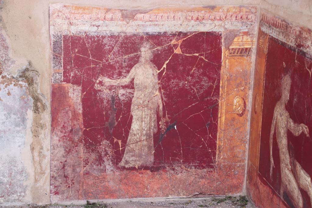 Stabiae, Villa Arianna, September 2021.
Room 17, painted figure from zoccolo on south wall in south-west corner. Photo courtesy of Klaus Heese.
Described as a “Woman in white tiered dress”, height 1.2m x 99 cm width (47” x 40” inches).
This fresco shows a female clothed figure in white multi-tiered gown standing upright with her right arm gracefully outstretched and her left arm holding a laurel branch at her side. Her head is adorned with a tiara of beads and/or flowers and she is looking off into the distance.