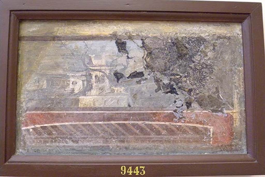 Stabiae, Villa Arianna, found 11th August 1759. Room W.23. Landscape.
Now in Naples Archaeological Museum. Inventory number 9443.
See Pagano, M. and Prisciandaro, R., 2006. Studio sulle provenienze degli oggetti rinvenuti negli scavi borbonici del regno di Napoli.  Naples: Nicola Longobardi, p. 244. 
