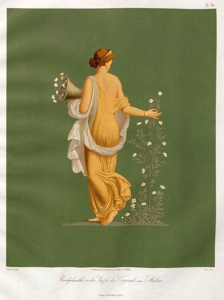 Stabiae, Villa Arianna, found 25th July 1759. Room W.26, wall painting of Flora cd Primavera.
Now in Naples Archaeological Museum. Inventory number 8834.
Painting by Zahn, pre-December 1855.
See Zahn, W., 1852-59. Die schönsten Ornamente und merkwürdigsten Gemälde aus Pompeji, Herkulanum und Stabiae: III. Berlin: Reimer, taf. 66.
