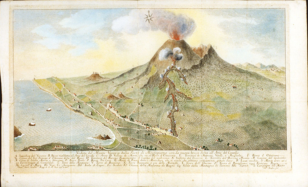 Vesuvius Eruption 1751-2. Painting designed by Francesco Geri and etched by Filippo Morghen and dated by ICCD to between 1794-1807.
Watercolour titled “Veduta del monte Vesuvio dalla parte di mezzogiorno con la nuova bocca fatta all'Atrio del Cavallo”. 
This is a [later?] coloured version of the original etching published by Mecatti in 1752 (see above) and shows the 1751-2 eruption.
Now in Naples Archaeological Museum. Inventory number 319949.
Photo © ICCD. http://www.catalogo.beniculturali.it
Utilizzabili alle condizioni della licenza Attribuzione - Non commerciale - Condividi allo stesso modo 2.5 Italia (CC BY-NC-SA 2.5 IT)
