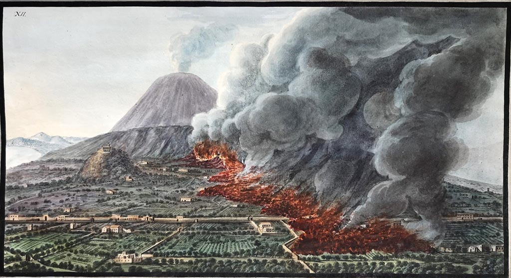 Vesuvius Eruption 1760 1761. View of an eruption of Mount Vesuvius which began on 23rd December 1760 and ended 5th January 1761.
Mount Vesuvius: a volcanic eruption at the foot of the mountain, 1760-1761, causing the destruction of the land and property.
Coloured etching by Pietro Fabris, 1776, after his drawing, 1760-1761. 
See Hamilton Sir W., 1776. Campi Phlegraei. Naples: vol. 1, plate XII.
