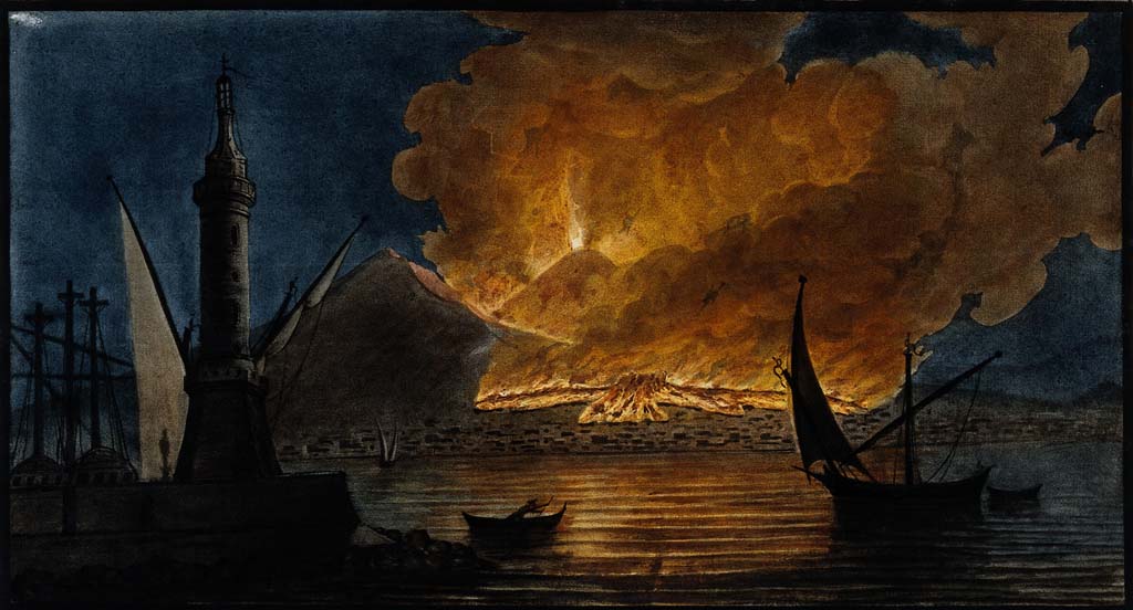 Vesuvius Eruption 1767. View of the great eruption of Vesuvius from the mole of Naples, 20th Oct 1767. 
Coloured mezzotint by Pietro Fabris, 1776, after his painting, 1767.
See original on https://wellcomecollection.org/

