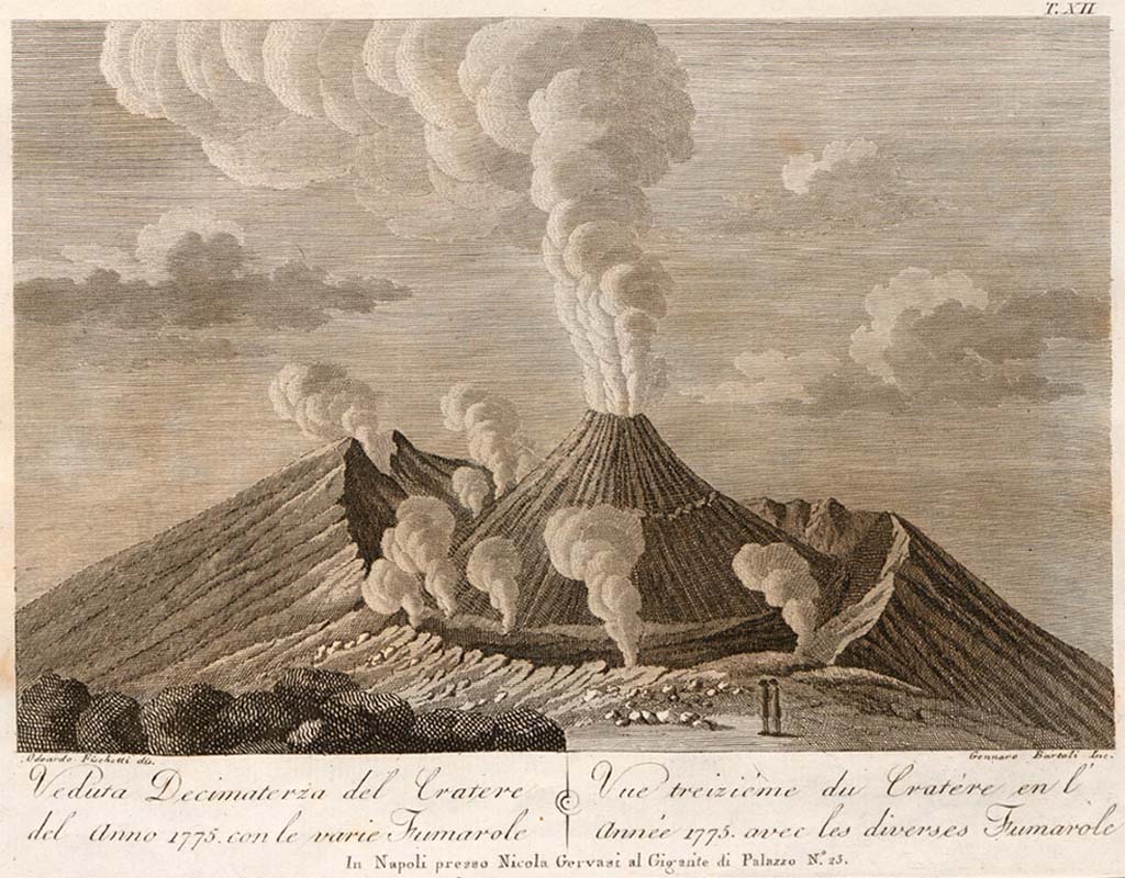 Vesuvius eruption 1775. Crater with diverse fumaroles, drawn in 1805 by Odoardo Fischetti and engraved by Gennaro Bartoli.
See Della Torre, Nicola Filomarino, 1805. Raccolta di tutte le vedute che esistevano nel gabinetto del Duca Della Torre rappresentanti l'eruzioni del Monte Vesuvio fin oggi accadute. Napoli: Nicola Gervasi, Tav. XII.
See book on E-RARA
