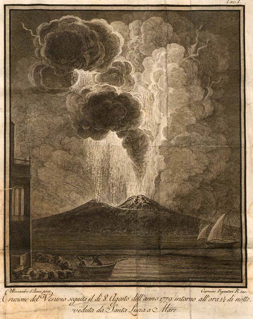 Vesuvius Eruption August 8th, 1779 from Santa Lucia al Mare. Drawn by Alessandro d’Anna engraved by Carmine Pignatari R. 
See de Bottis, Gaetano, 1779. Ragionamento istorico intorno all'eruzione del Vesuvio che cominciò il dì 29 luglio dell'anno 1779 e continuò fino al giorno 15 del seguente mese di agosto. Napoli: Stamperia Reale, Tav I. 
See book on E-RARA
