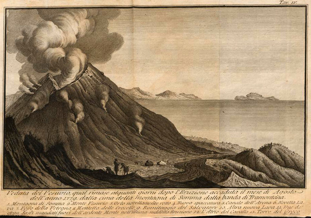 Vesuvius Eruption August 8th, 1779 from the summit of Somma to the banda di Tramontana. Drawn by Xavier (Saverio) della Gatta, engraved by Nicola Fiorillo.
See de Bottis, Gaetano, 1779. Ragionamento istorico intorno all'eruzione del Vesuvio che cominciò il dì 29 luglio dell'anno 1779 e continuò fino al giorno 15 del seguente mese di agosto. Napoli: Stamperia Reale, Tav IV. 
See book on E-RARA
