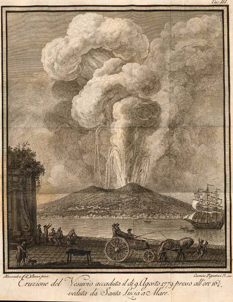 Vesuvius Eruption August 9th, 1779, 16.30 in afternoon, from Santa Lucia al Mare. Drawn by Alessandro d’Anna engraved by Carmine Pignatari R. 
See de Bottis, Gaetano, 1779. Ragionamento istorico intorno all'eruzione del Vesuvio che cominciò il dì 29 luglio dell'anno 1779 e continuò fino al giorno 15 del seguente mese di agosto. Napoli: Stamperia Reale, Tav III. 
See book on E-RARA
