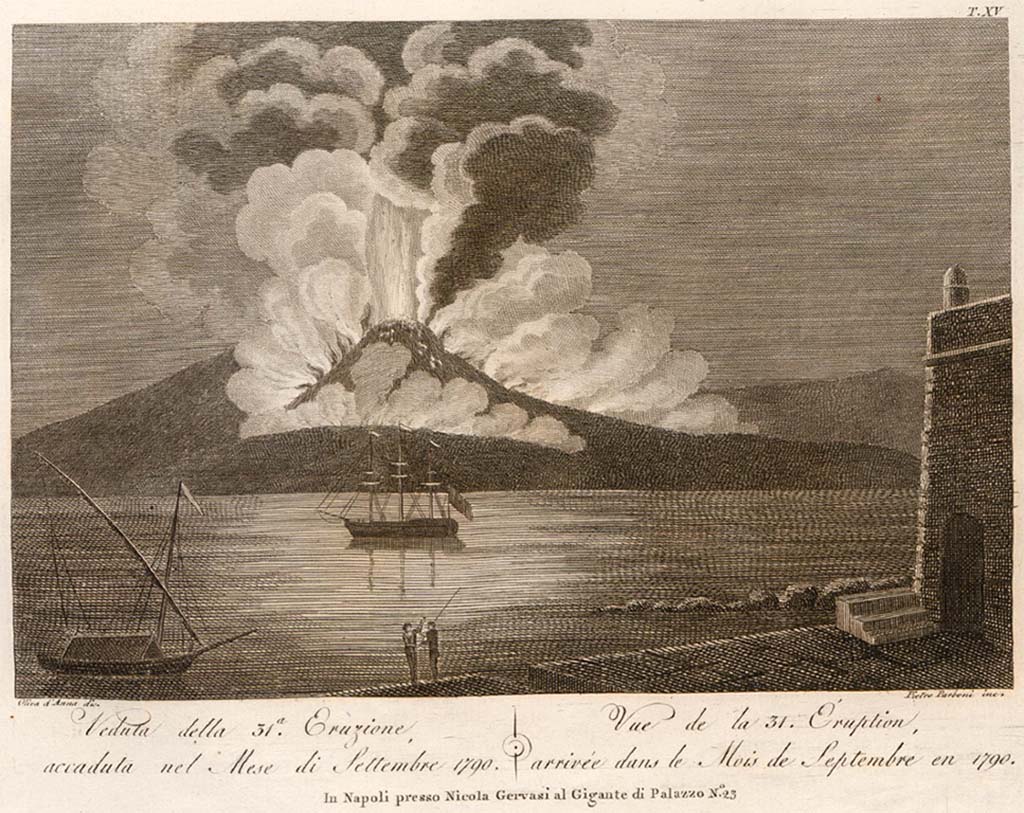 Vesuvius eruption September 1790. Drawn by Oliva d’Anna and engraved by Pietro Parboni.
See Della Torre, Nicola Filomarino, 1805. Raccolta di tutte le vedute che esistevano nel gabinetto del Duca Della Torre rappresentanti l'eruzioni del Monte Vesuvio fin oggi accadute. Napoli: Nicola Gervasi, Tav. XV.
See book on E-RARA
