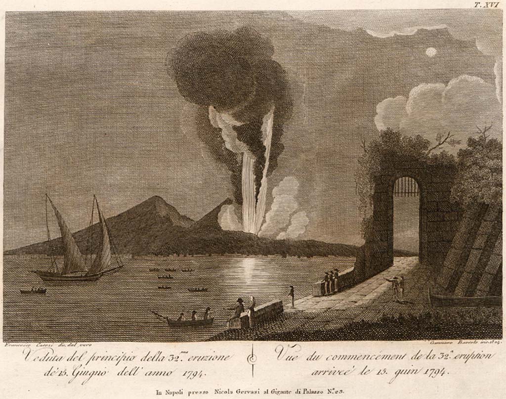 Vesuvius eruption 15 June 1794. Commencement of the eruption drawn “dal vero” by Francesco Catozi and engraved by Gennaro Bartolo 1804.
See Della Torre, Nicola Filomarino, 1805. Raccolta di tutte le vedute che esistevano nel gabinetto del Duca Della Torre rappresentanti l'eruzioni del Monte Vesuvio fin oggi accadute. Napoli: Nicola Gervasi, Tav. XVI.
See book on E-RARA
