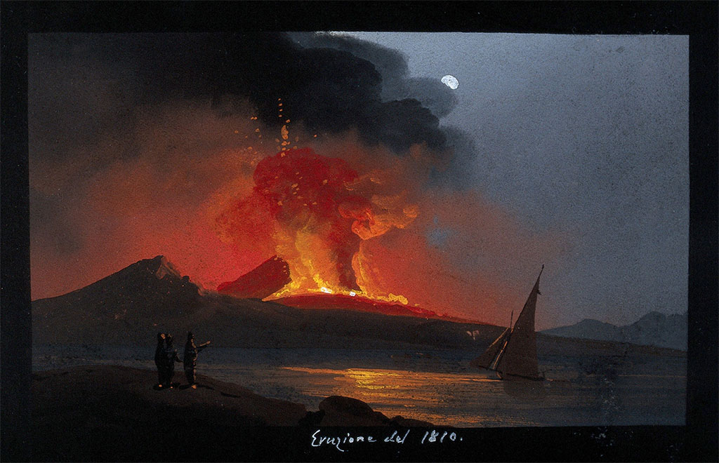 Vesuvius Eruption 1810. Mount Vesuvius in eruption at night, with smoke, fire, and lava, over the Bay of Naples. 
Gouache, 1810. Wellcome Collection. See Wellcome Collection 42990i

