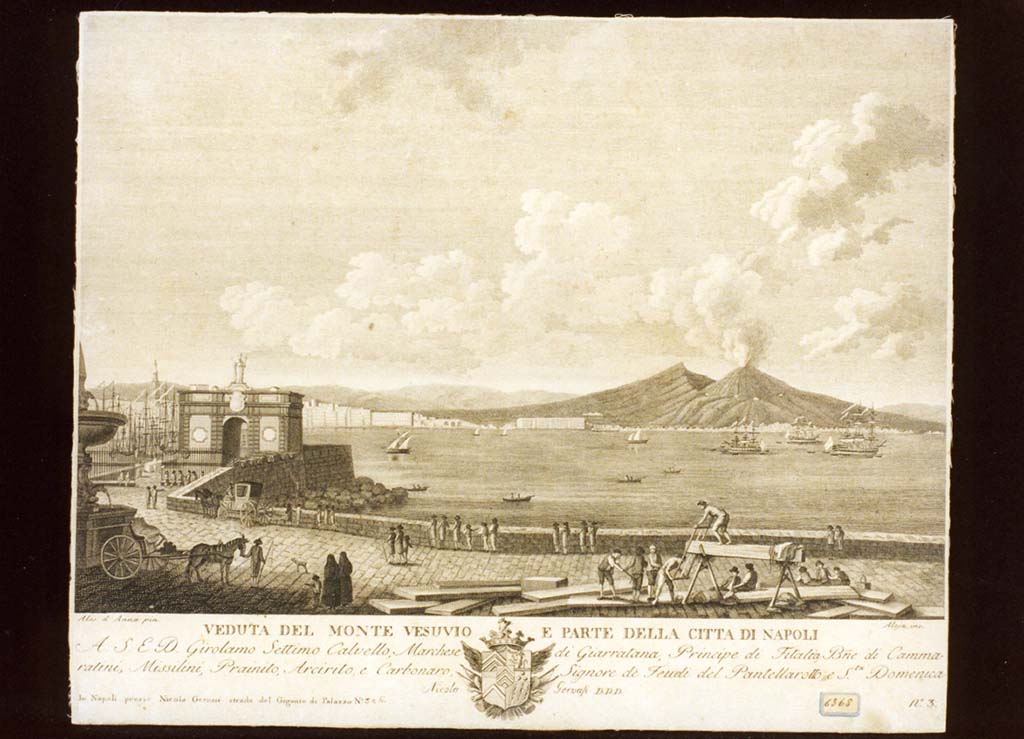 Vesuvius dated by ICCD to between 1816 and 1824. Painting by Vincenzo Aloja titled “Veduta del Monte Vesuvio e parte della Citta di Napoli”.
Now in Certosa e Museo Nazionale di San Martino. Inventory number 319712.
Photo © ICCD. http://www.catalogo.beniculturali.it
Utilizzabili alle condizioni della licenza Attribuzione - Non commerciale - Condividi allo stesso modo 2.5 Italia (CC BY-NC-SA 2.5 IT)
