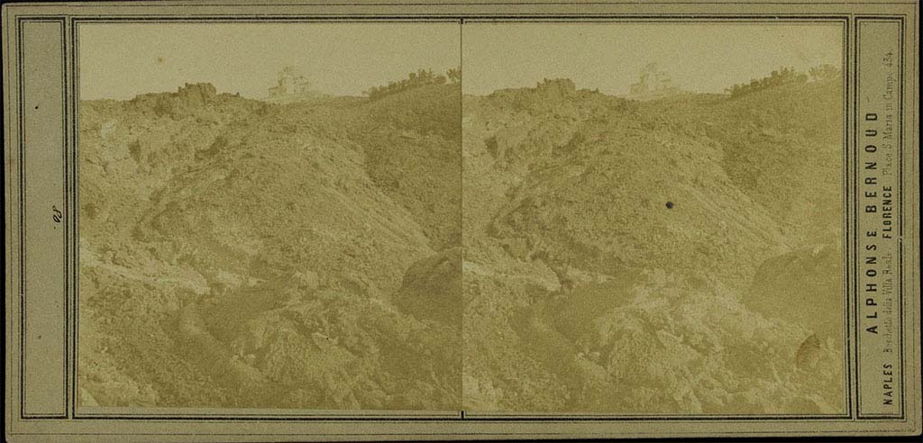 Vesuvius Eruption, late 1850s. Stereoview by Alphonse Bernoud, inscribed on the back “Eruzione del Vesuvio”.
Faintly visible on the top is a building, the shape of which suggests it is the Reale Osservatorio Vesuviana.
Photo © Victoria and Albert Museum, London, inventory number E.1414-1992.

