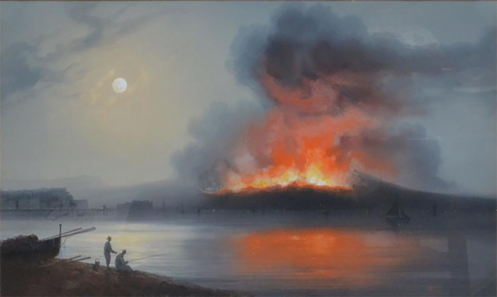 Vesuvius Eruption 1859. Painting by Gioacchino la Pira (1839-1870), Bay of Naples, Vesuvius erupting, dated 1859.
