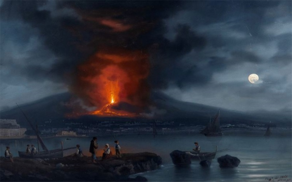 Vesuvius Eruption 1868. Painting by Gioacchino La Pira, Night with Vesuvius eruption of 1868.