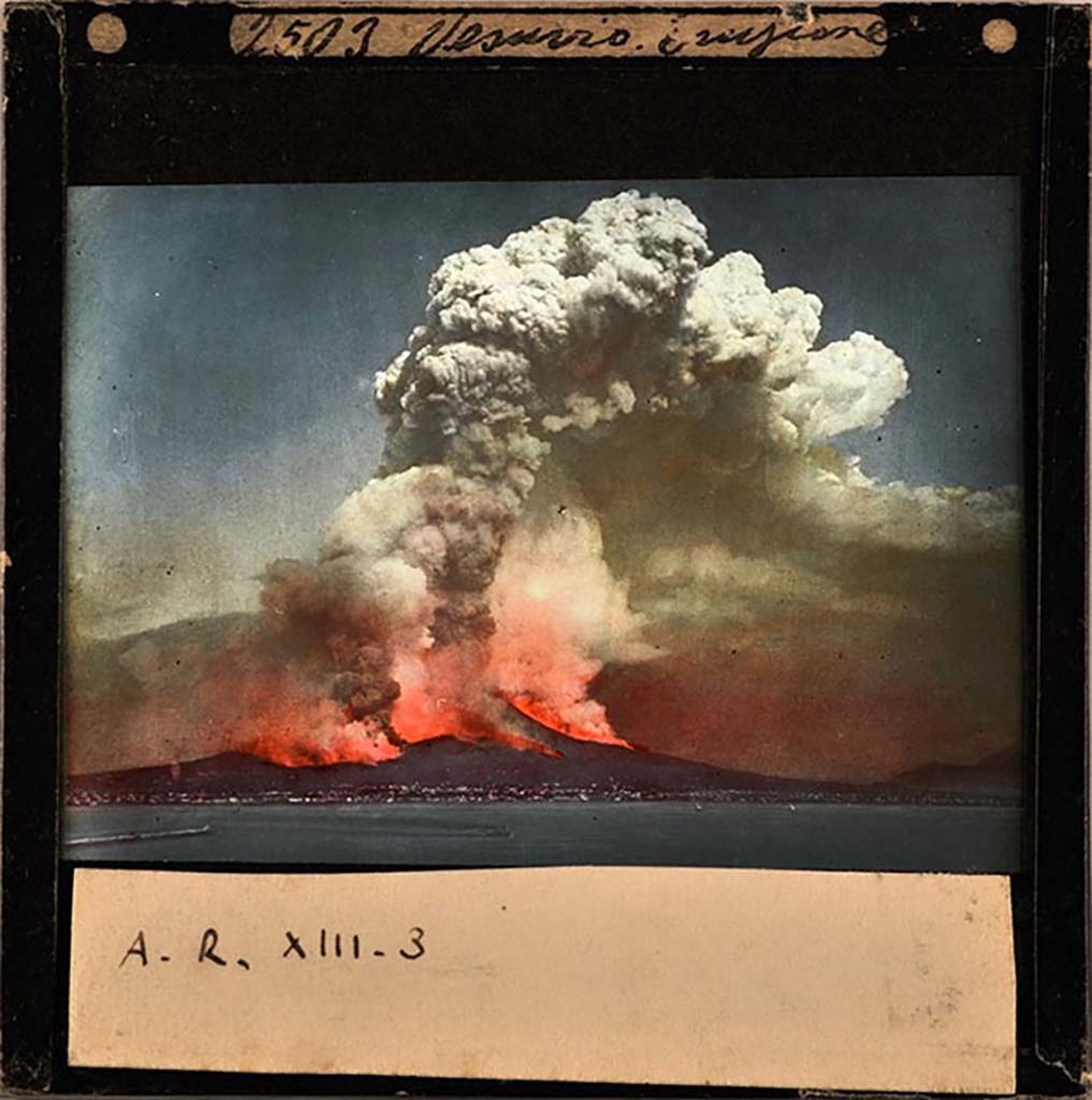 Vesuvius eruption April 26th, 1872. Hand coloured bromide silver on glass slide version by Giorgio Sommer of his photo 2503.
Photo courtesy Wikimedia Commons Sommer_2503_-_Vesuvio_eruzione_1872,_diapositiva
