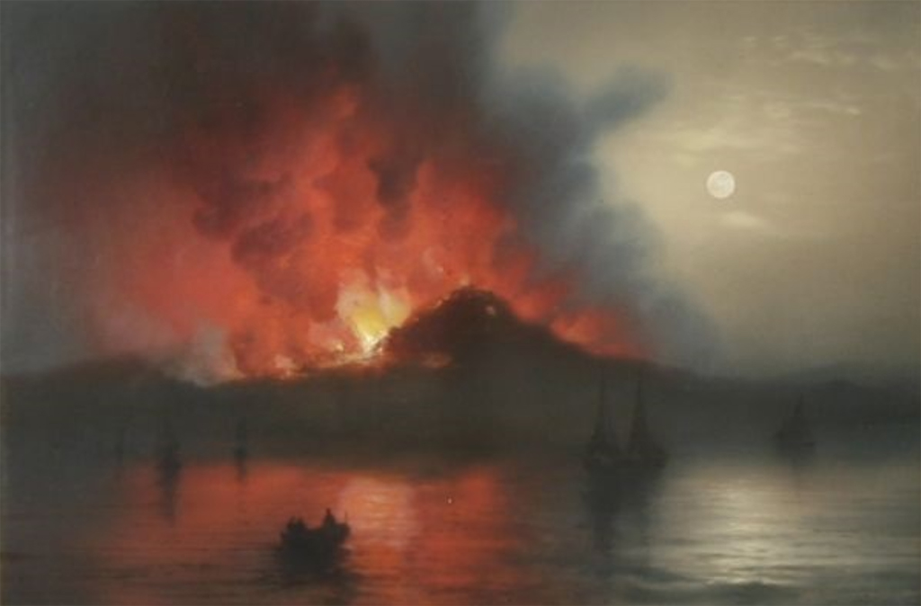 Vesuvius Eruption 1872. Painting by Gioacchino la Pira, Mt. Vesuvius, Naples Harbour in the moonlight, 1872.